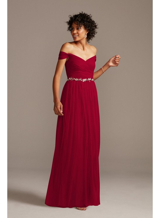 Off-the-Shoulder Pleated Soft Net Bridesmaid Dress  F20116