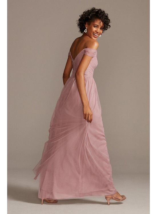 Off-the-Shoulder Pleated Soft Net Bridesmaid Dress  F20116