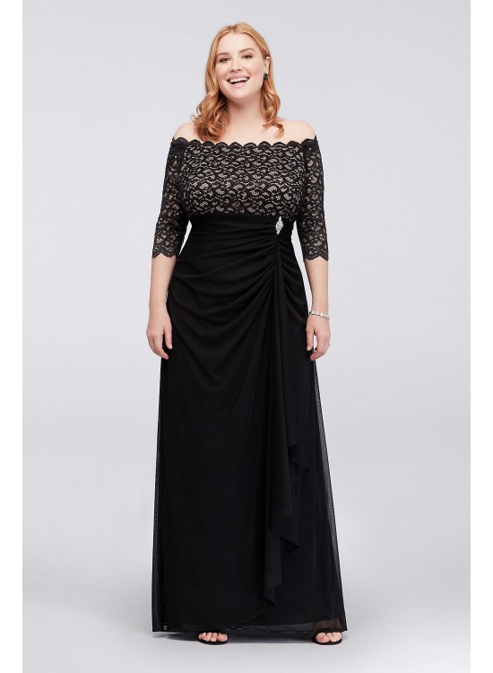 Off-the-Shoulder Plus Size Dress with Cascade Betsy and Adam A21009W