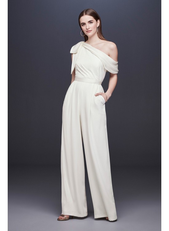 One-Shoulder Crepe Wedding Jumpsuit with Bow DB Studio DS870059