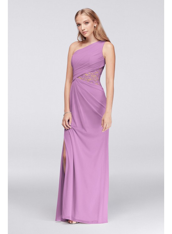 One-Shoulder Mesh Bridesmaid Dress with Lace Inset  F19419