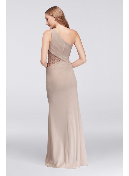 One-Shoulder Mesh Bridesmaid Dress with Lace Inset  F19419