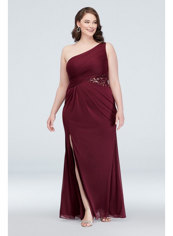 One-Shoulder Mesh Bridesmaid Dress with Lace Inset  F19419