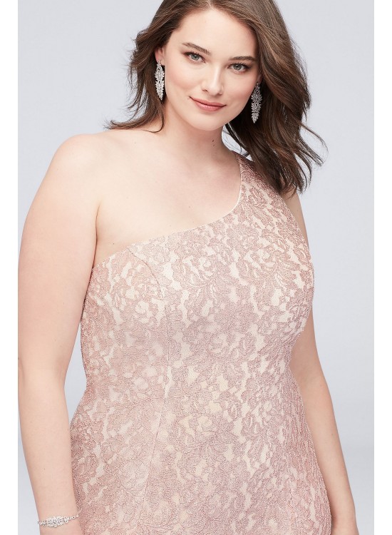 One-Shoulder Plus Size Glitter Lace Mermaid Gown Morgan and Co 21830W