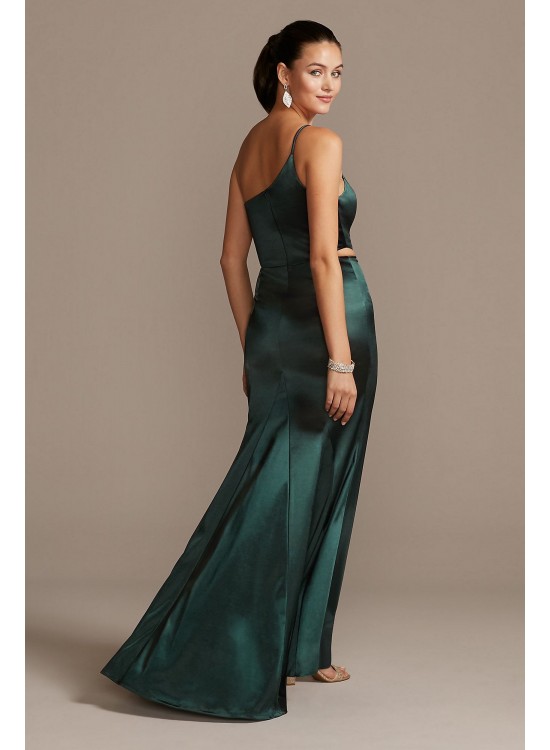 One-Shoulder Spaghetti Strap Cutout Satin Gown Jump 11474D