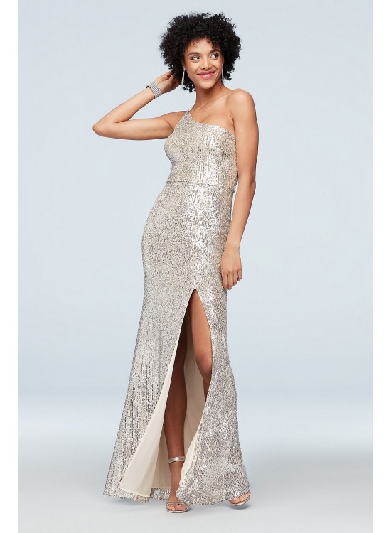 One Shoulder Stretch Sequin Gown with Skirt Slit Xscape 2262X