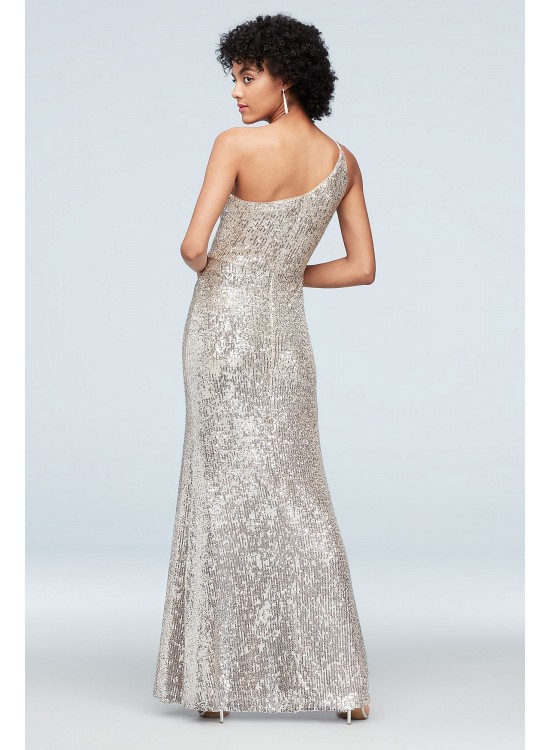 One Shoulder Stretch Sequin Gown with Skirt Slit Xscape 2262X