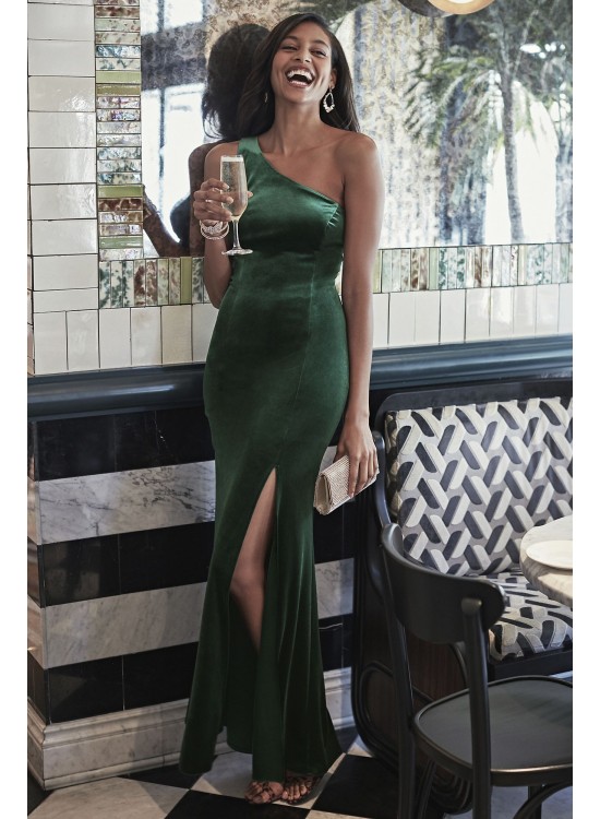 One-Shoulder Stretch Velvet Dress with Skirt Slit  WBM1743V2