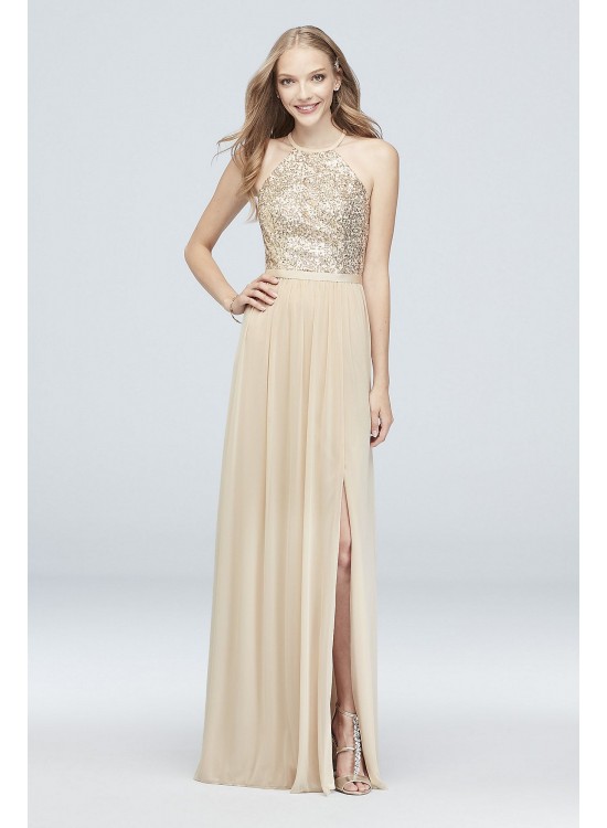 Open-Back Sequin and Mesh Bridesmaid Dress  F19608S