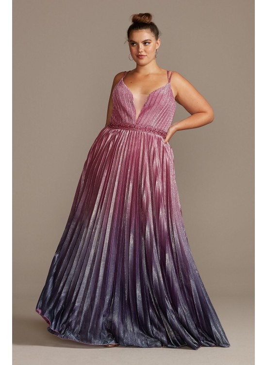 Pleated Ombre Plus Size Gown with Plunge Illusion Night Studio S20224W