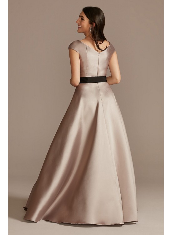 Pleated Satin Cap Sleeve Dress with Bow  D40NY023