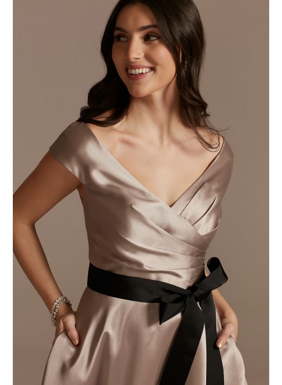 Pleated Satin Cap Sleeve Dress with Bow  D40NY023