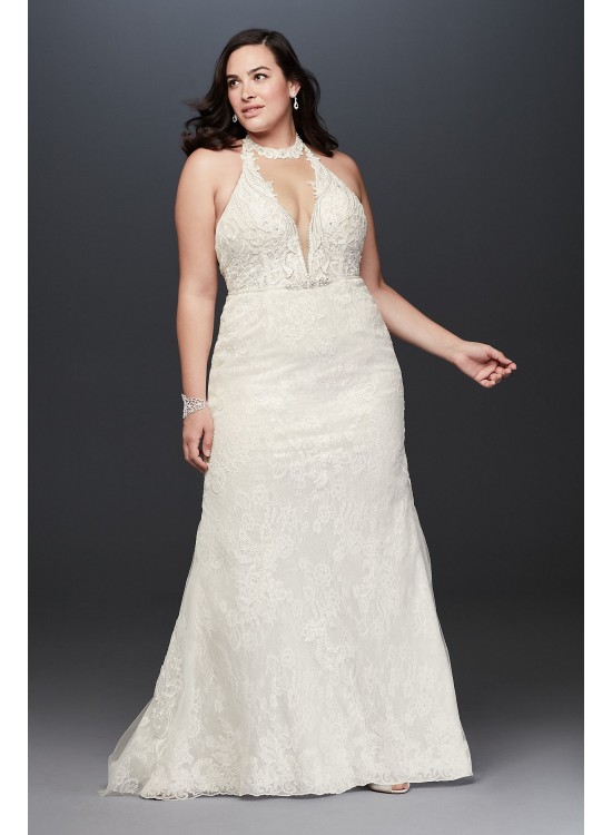 Plunge Neckline Halter Plus Size Wedding Dress  9SWG825