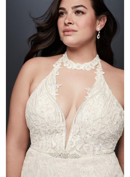 Plunge Neckline Halter Plus Size Wedding Dress  9SWG825