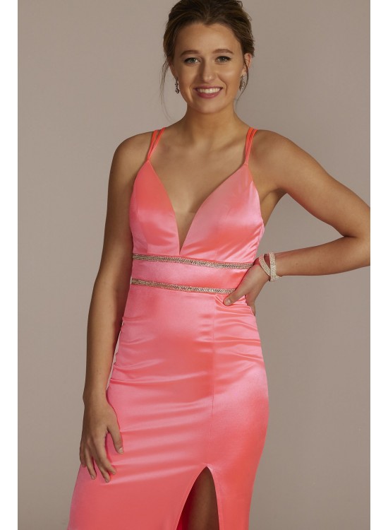 Plunge Stretch Satin A-Line with Embellished Waist Jules and Cleo WBM2949