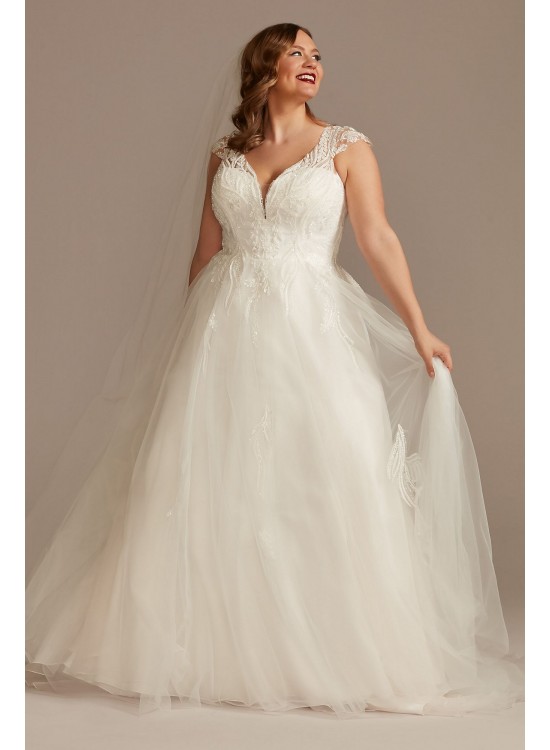 Plunging Cap Sleeve Plus Size Tulle Wedding Dress  8CWG901