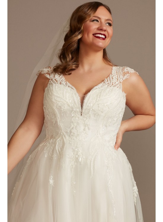 Plunging Cap Sleeve Plus Size Tulle Wedding Dress  8CWG901