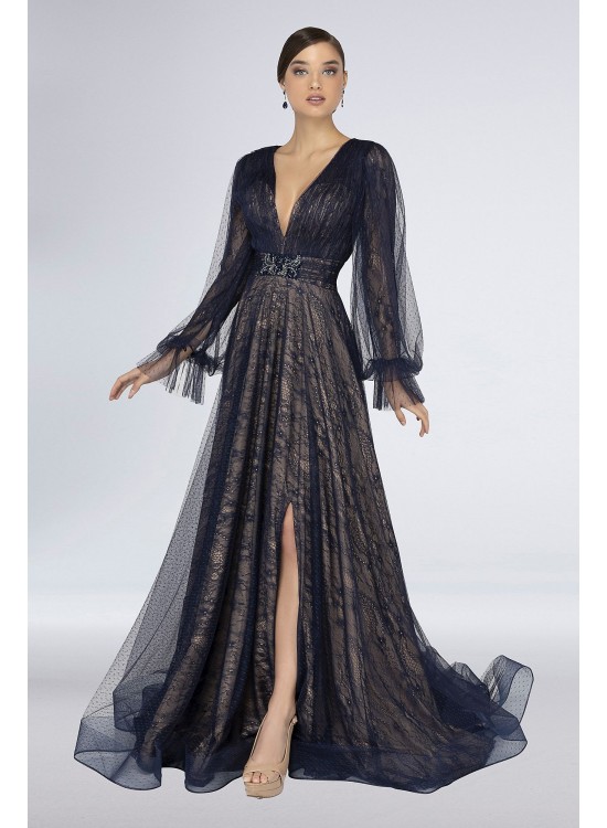 Plunging Lace Long Sleeve Gown with Point dEsprit Terani Couture 1913M9414