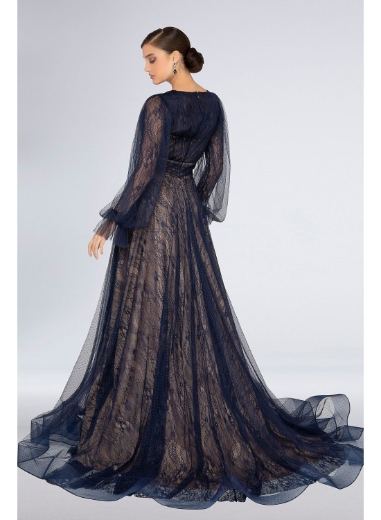 Plunging Lace Long Sleeve Gown with Point dEsprit Terani Couture 1913M9414