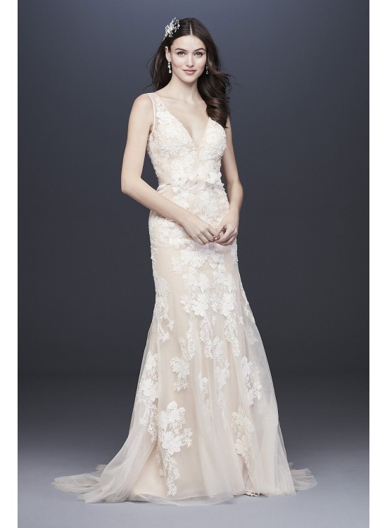 Plunging Lace Wedding Gown with Floral Applique Melissa Sweet MS251200