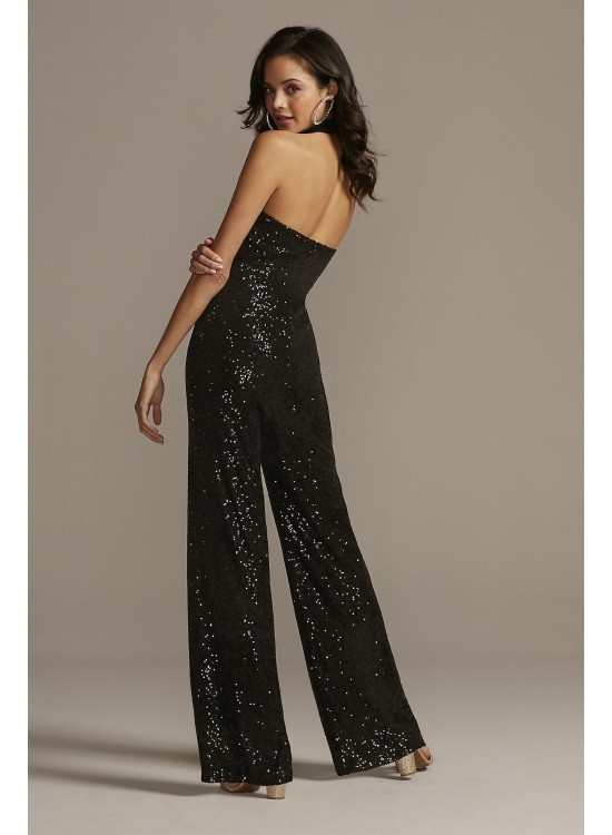 Plunging-V Halter Sequin Jumpsuit Jump 11415