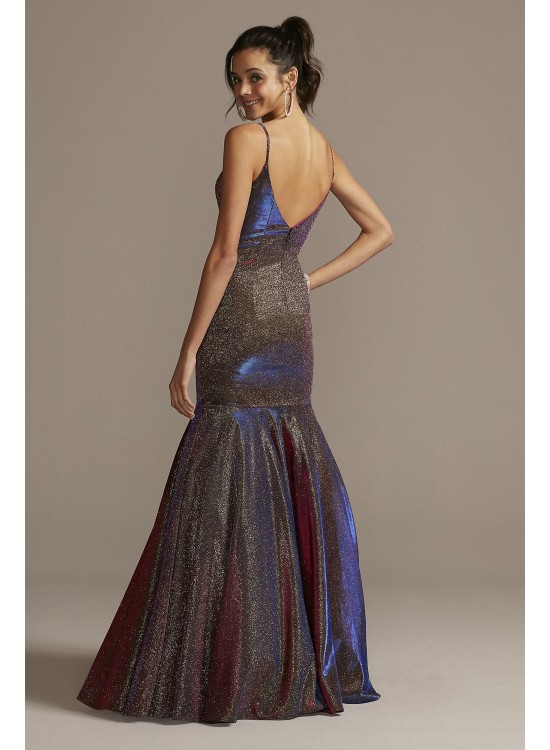 Plunging-V Iridescent Metallic Trumpet Dress Night Studio S9074