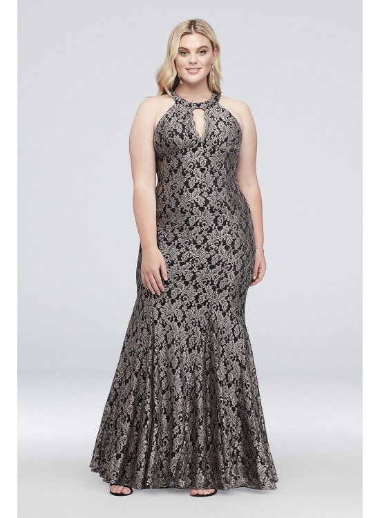 Plus Size Mermaid Gown with Contrast Lace Morgan and Co 21689W