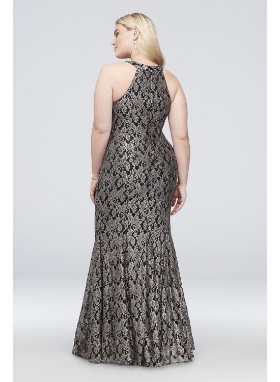 Plus Size Mermaid Gown with Contrast Lace Morgan and Co 21689W