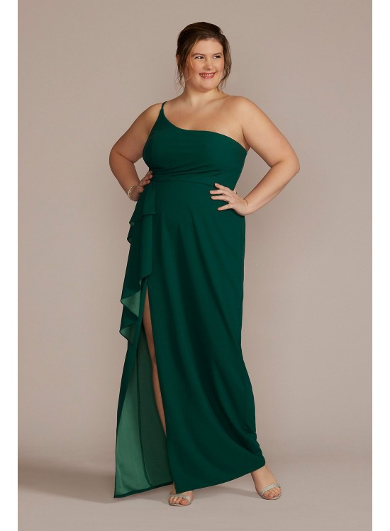 Plus Size One-Shoulder Crepe Sheath with Cascade DB Studio WBM3009V3W