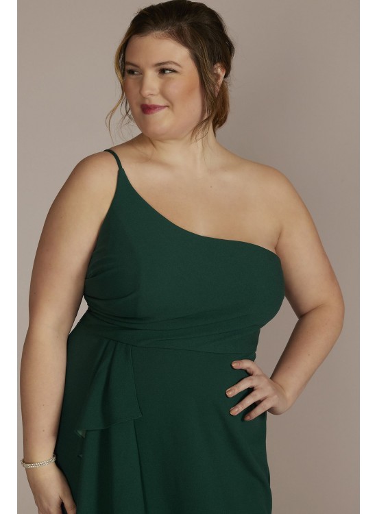 Plus Size One-Shoulder Crepe Sheath with Cascade DB Studio WBM3009V3W