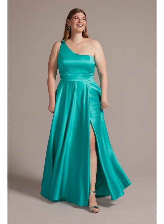 Plus Size One-Shoulder Satin A-Line with Slit Jules and Cleo D24NY22016W