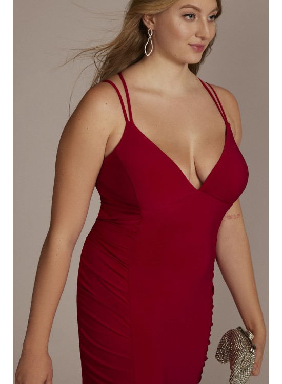 Plus Size Ruched Panel Plunging Sheath Gown Jump 12301W