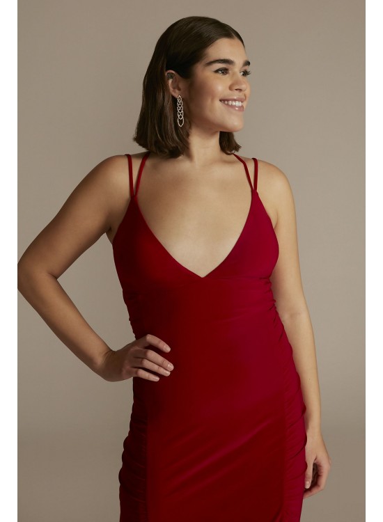 Plus Size Ruched Panel Plunging Sheath Gown Jump 12301W