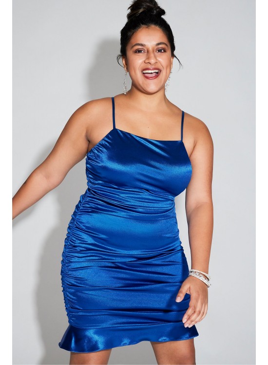 Plus Size Ruched Satin Mini Dress with Ruffled Hem Jules and Cleo WBM2912W