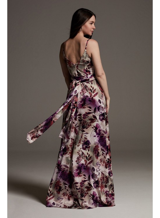 Printed Charmeuse Bridesmaid Dress with V-Neckline  VW360549P