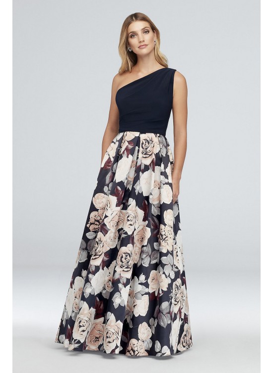 Printed Satin and Jersey One-Shoulder Ball Gown Betsy and Adam A21528