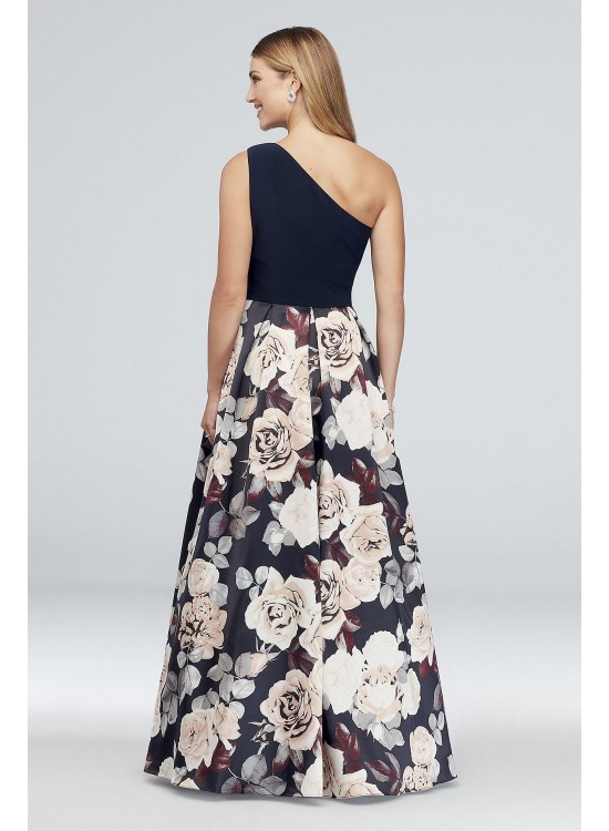 Printed Satin and Jersey One-Shoulder Ball Gown Betsy and Adam A21528