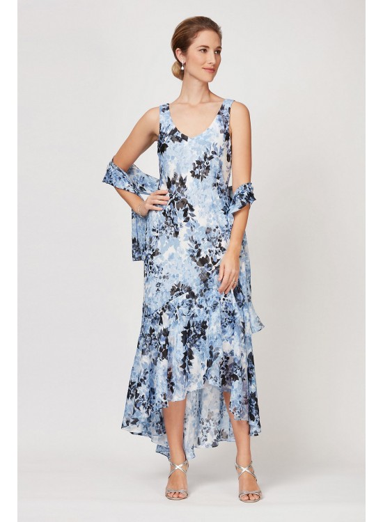 Printed V-Back High-Low Tulip Dress and Shawl Alex Evenings 8175838