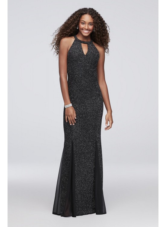 Puckered Glitter Knit Keyhole Mermaid Gown Morgan and Co 21555