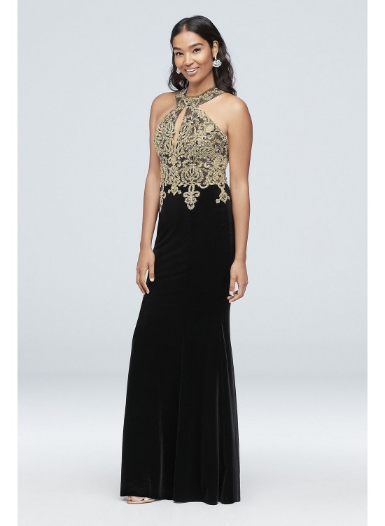 Round Neck Metallic Lace and Velvet Halter Gown Xscape XS10096