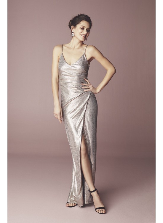 Ruched Metallic Knit Sheath Dress with Slit Betsy and Adam A21930