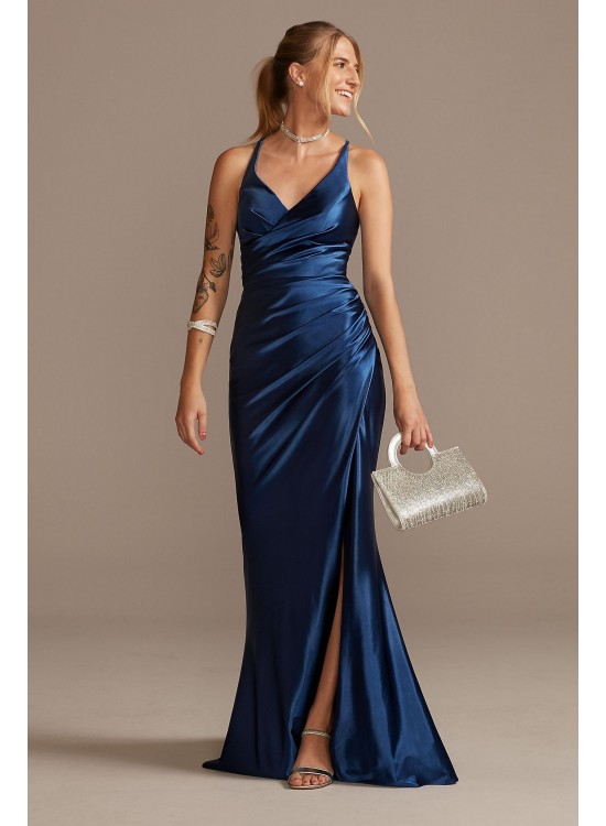 Ruched V-Neck Stretch Satin Sheath Gown with Slit  WBM2299