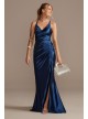 Ruched V-Neck Stretch Satin Sheath Gown with Slit  WBM2299