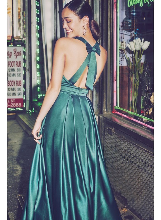 Satin Halter Gown with Bow Back Detail City Triangles 5752TP9D