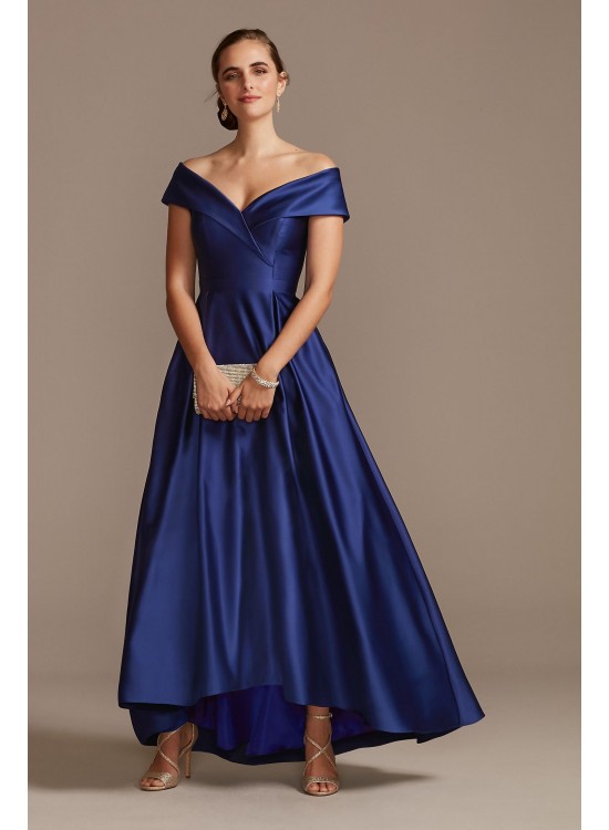 Satin Off the Shoulder Gown with Portrait Collar Xscape 3476X