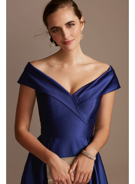 Satin Off the Shoulder Gown with Portrait Collar Xscape 3476X