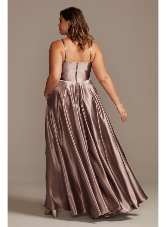 Satin Plunge Plus Size Gown with Illusion and Slit Speechless W43391Q96