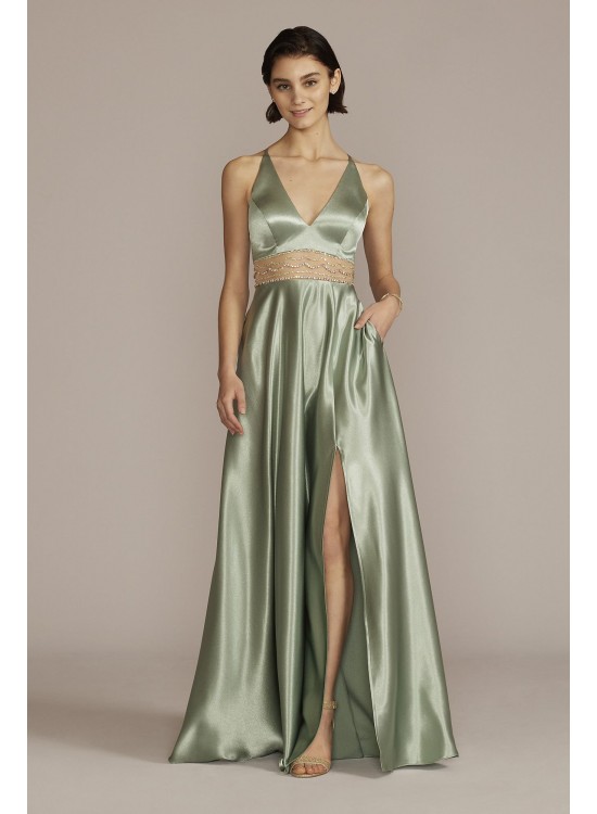 Satin Prom Gown with Embellished Illusion Waist Jules and Cleo WBM2776