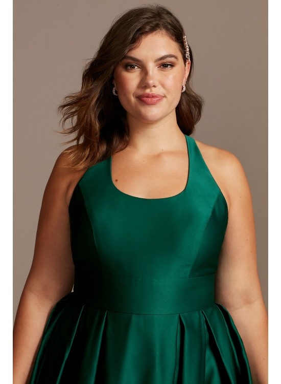 Satin Racerback Plus Size Ball Gown with Cutout Morgan and Co 12772W