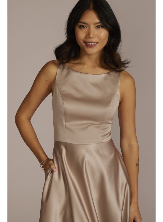 Satin Sleeveless Boatneck Bridesmaid Dress David&#039;s Bridal F20554